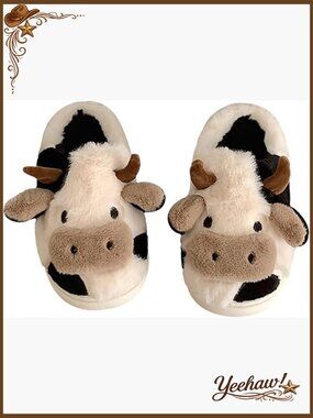 Fuzzy Cow Slippers, Cute Animal House Shoes, Fluffy Indoor Slippers for Women